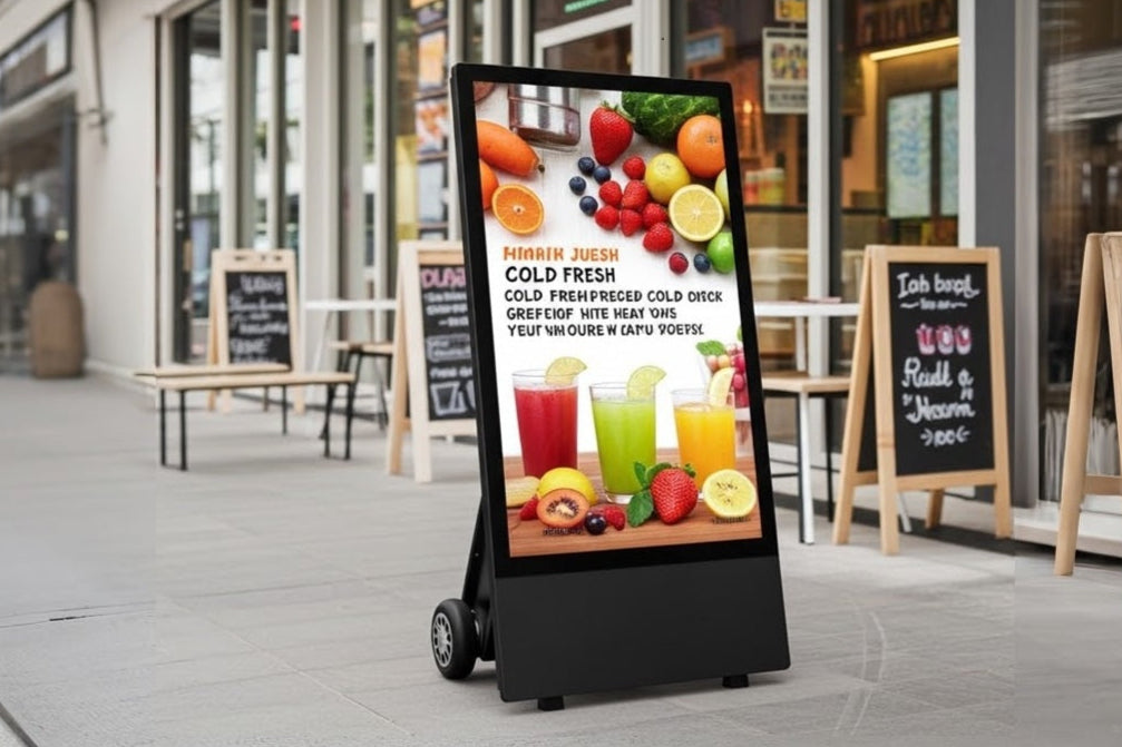Digital A board display in black stand outside a store with fruit and juice advertisement.