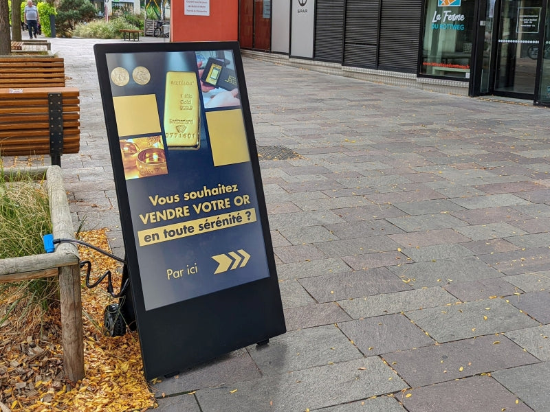 43" Outdoor High Brightness Digital Battery powered A-Board in Black, digital wayfinding signage - Be Quantum