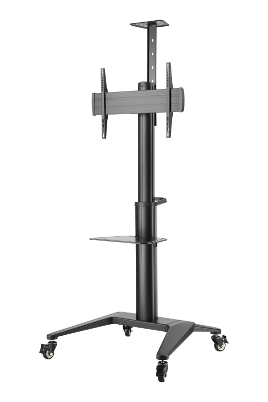 Black adjustable TV stand with wheels on a white background