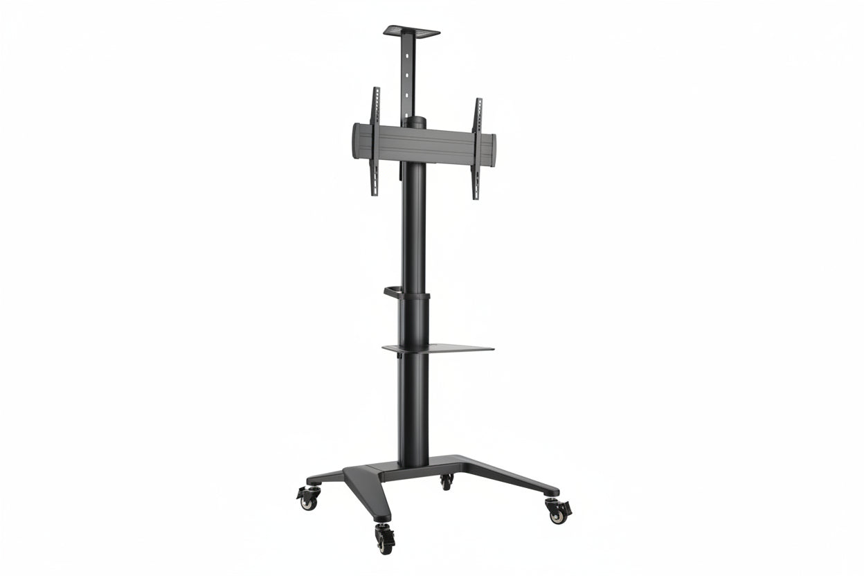 Black adjustable TV or Digital display  stand with wheels, commercial grade, on a white background