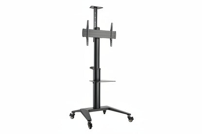 Black adjustable TV or Digital display  stand with wheels, commercial grade, on a white background