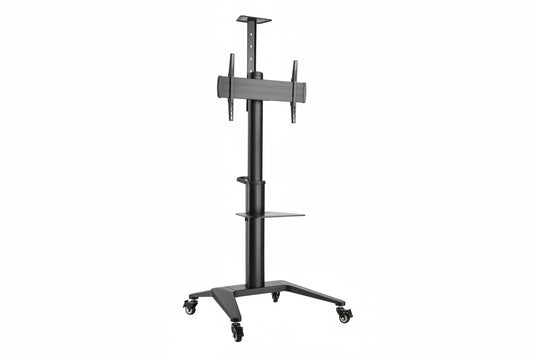 Black adjustable TV or Digital display  stand with wheels, commercial grade, on a white background