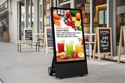 Digital A board display in black stand outside a store with fruit and juice advertisement.