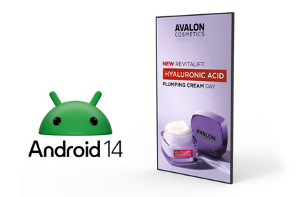 Avalon Cosmetics packaging with Android 14 logo on a white background Vibrant Professional Advertising Displays 800cd/m2 Brightness Commercial grade for bright spaces, as a menu, advertising, informing, 4K Resolution with android 14 Be Quantum
