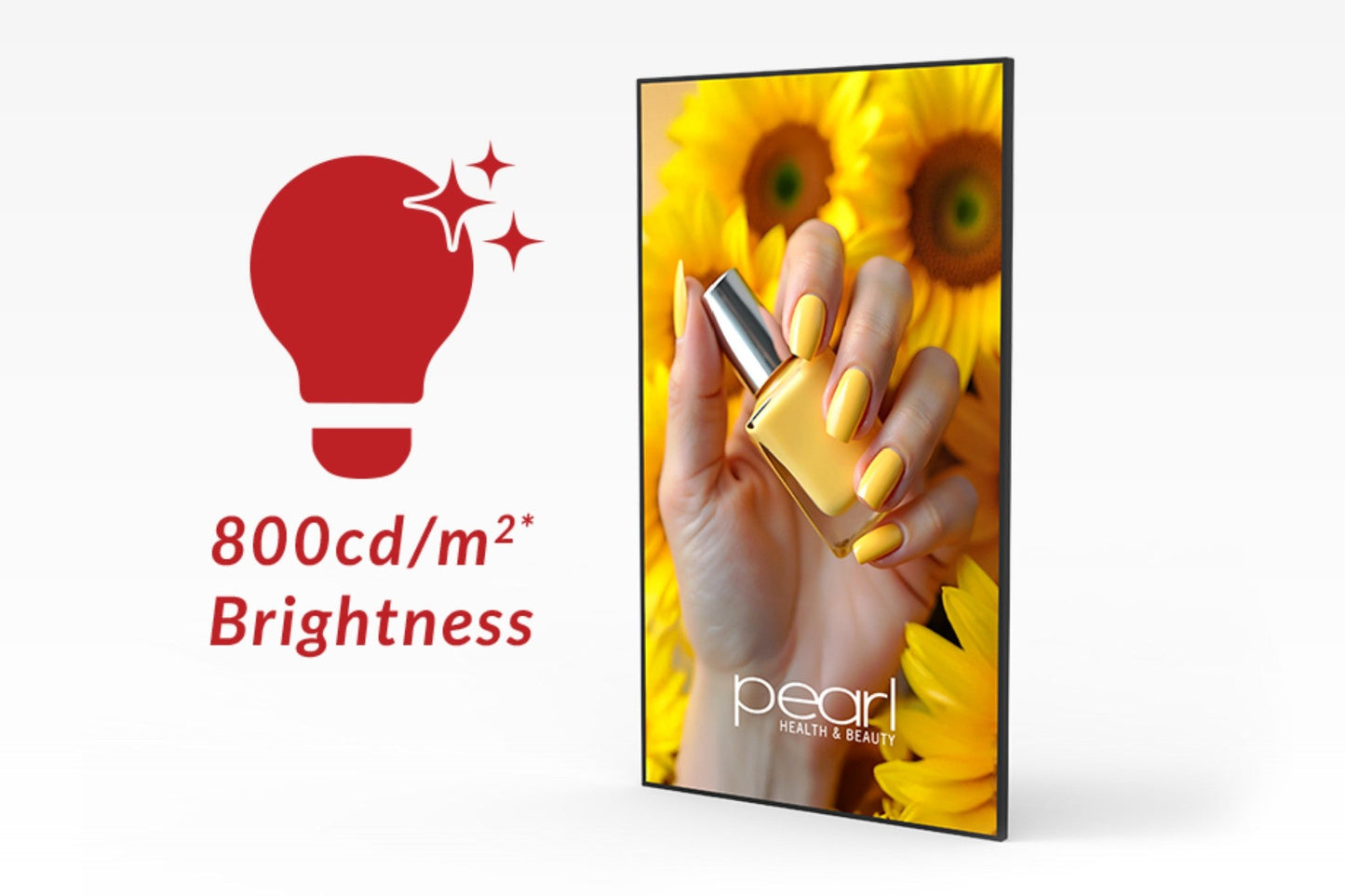 Digital display showing a hand holding a perfume bottle with sunflowers, featuring 800cd/m² brightness text. Vibrant Professional Advertising Displays 800cd/m2 Brightness Commercial grade for bright spaces, as a menu, advertising, informing, 4K Resolution with android 14 Be Quantum