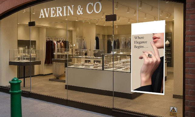 Storefront of AVERIN & CO with Vibrant Hanging Double-Sided Window Digital Displays poster display - Be Quantum