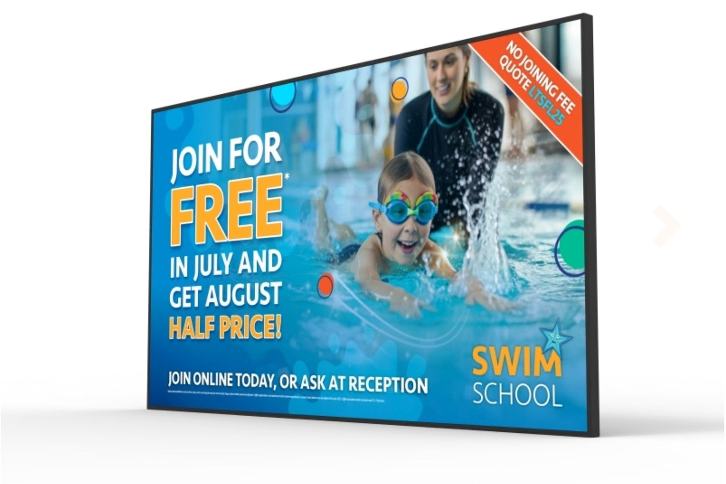 Advertisement for swim school with child and instructor in water, promotional text on a white background Vibrant Professional Advertising Displays 800cd/m2 Brightness Commercial grade for bright spaces, as a menu, advertising, informing, 4K Resolution with android 14 Be Quantum