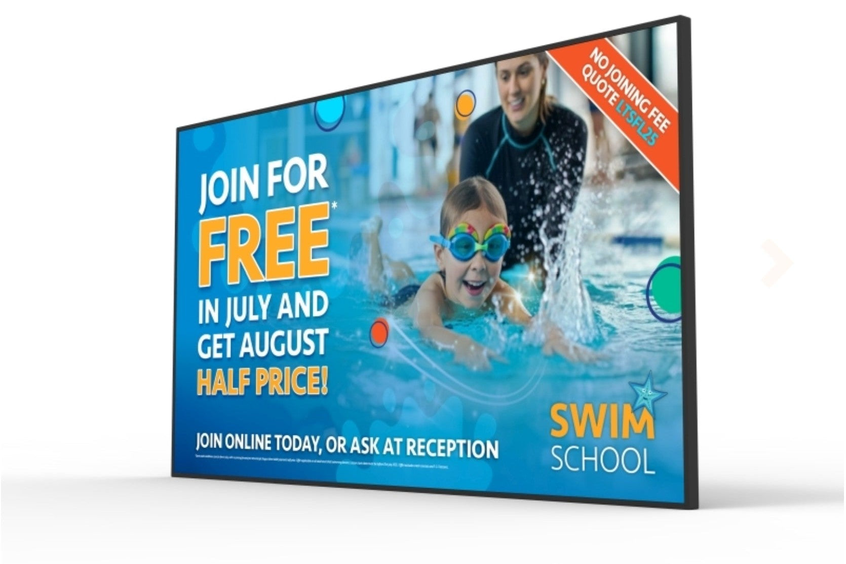 Advertisement for swim school with child and instructor in water, promotional text on a white background Vibrant Professional Advertising Displays 800cd/m2 Brightness Commercial grade for bright spaces, as a menu, advertising, informing, 4K Resolution with android 14 Be Quantum