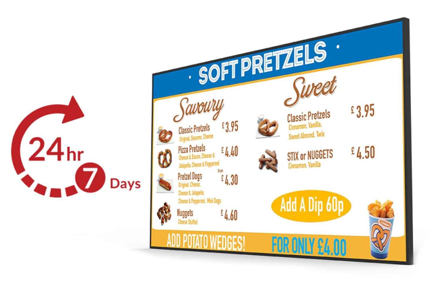 Digital menu board for soft pretzels with pricing and options on a white background Vibrant Professional Advertising Displays 800cd/m2 Brightness Commercial grade for bright spaces, as a menu, advertising, informing, 4K Resolution with android 14. Be Quantum