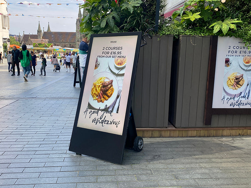 Load video: High Brightness Outdoor or Indoor Digital  A-Board Display, Battery Powered, Innovation to traditional pavement sign - Be Quantum